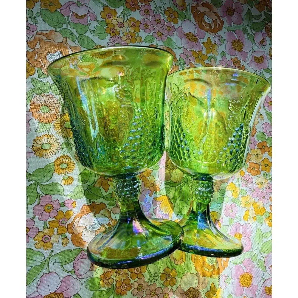 Vintage Indiana Glass Harvest Grape Lime Green Carnival Goblets 1970s Set of 2